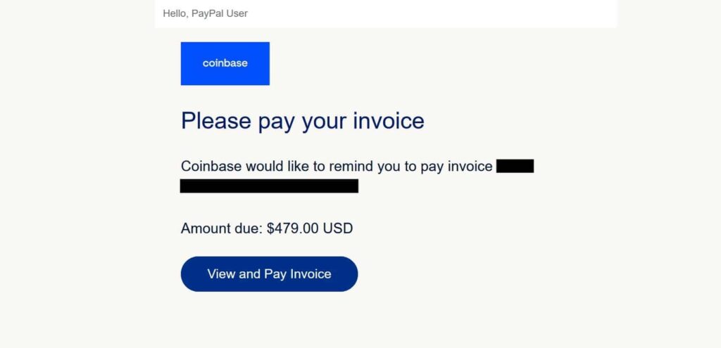 Image showing top half of fake invoice email from PayPal.