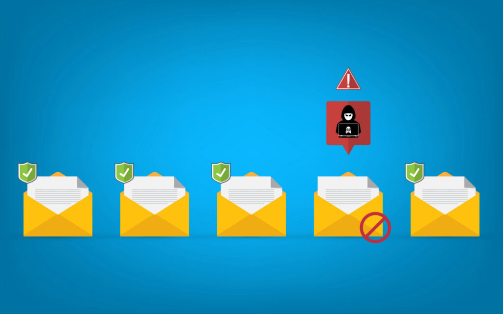 A horizontal row of email icons, showing a phishing attempt in one of them.