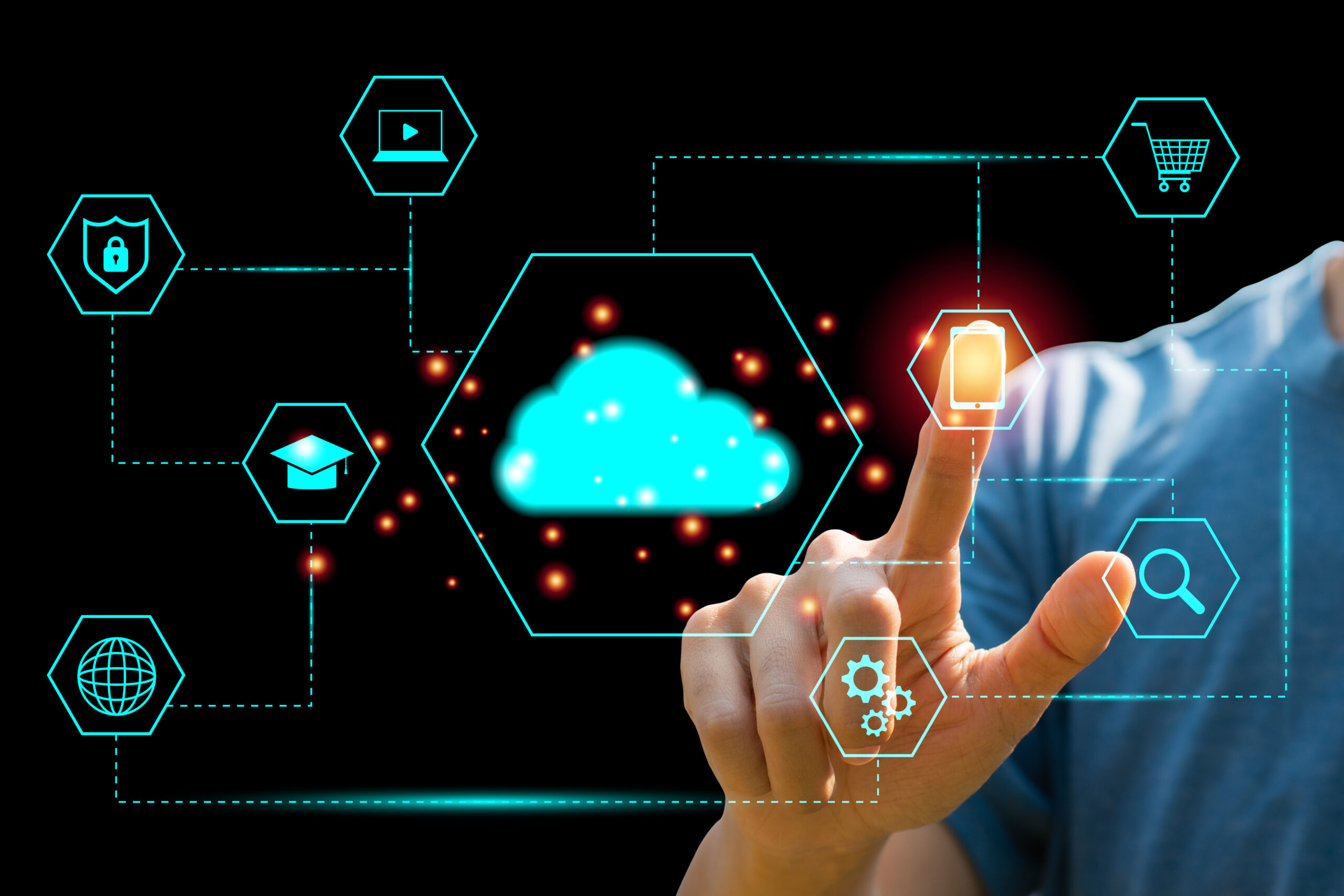 Finger touching an icon near a digital cloud showing how cloud services can connect everything.