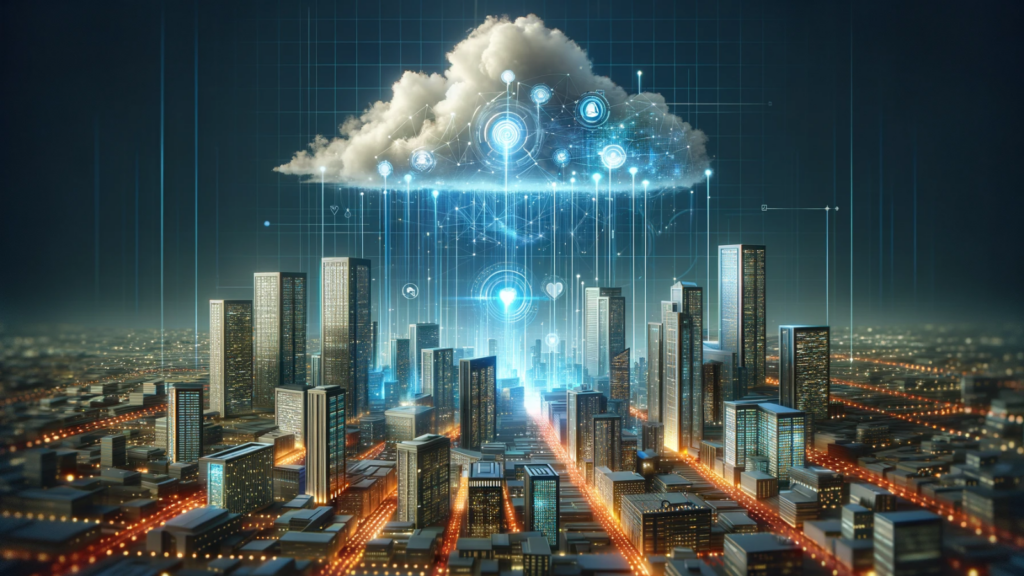 A large digital cloud over a city showing cloud scalability.