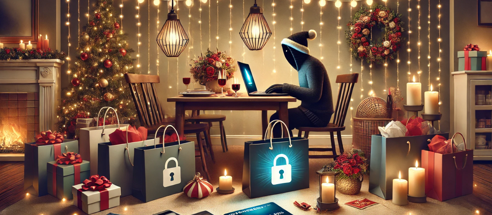 Cyber criminal with Santa hat sitting in festive holiday room with gift bags with locks implying holiday cyber scams.