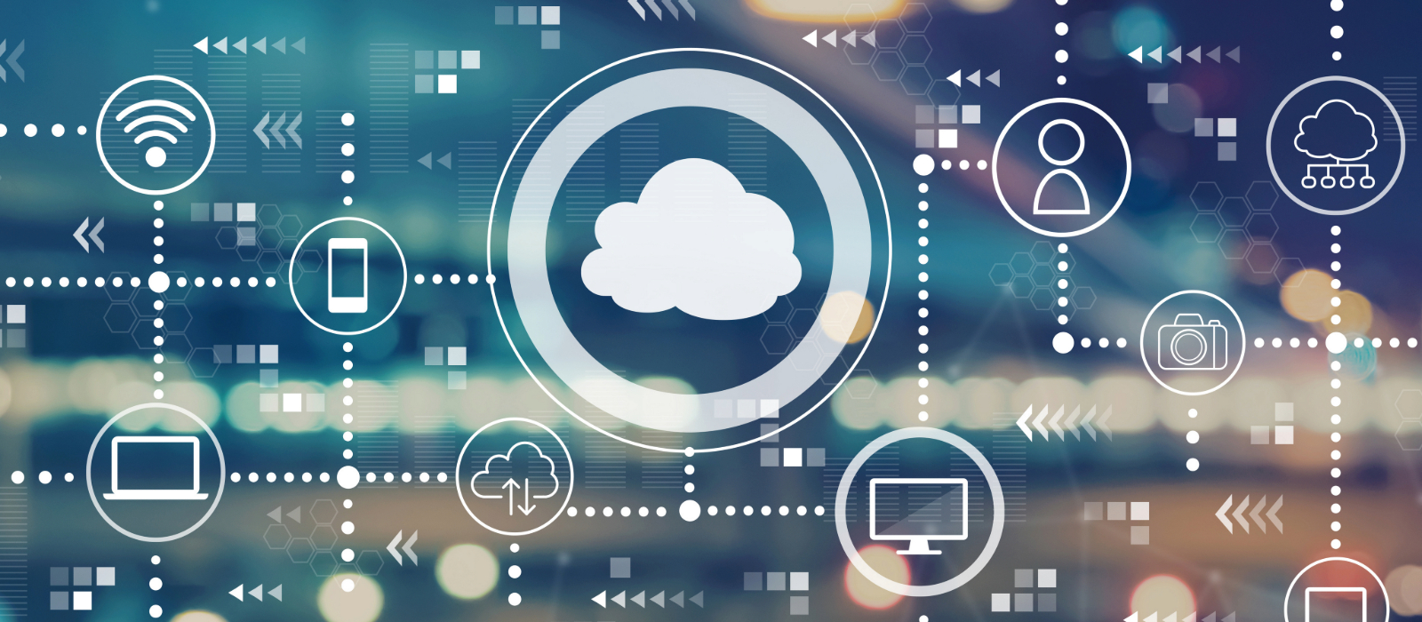 Digital icons around a digital cloud showing how cloud networking works.