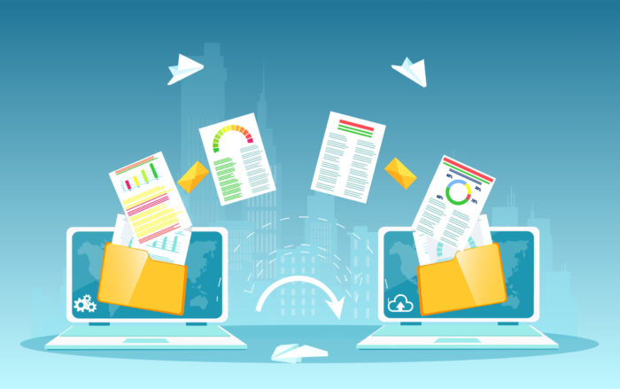 Illustration of data migration between two laptops, with folders and documents flying across the screen, representing a SharePoint file transfer.