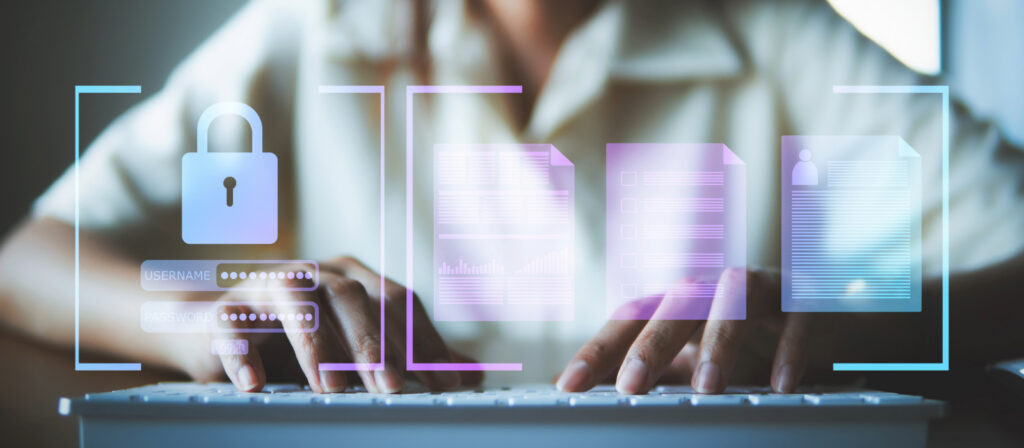 Person typing on a keyboard with digital security icons overlaid, representing phishing-resistant MFA and secure login authentication.
