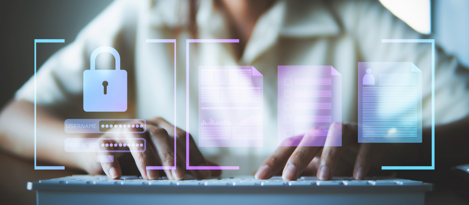 Person typing on a keyboard with digital security icons overlaid, representing phishing-resistant MFA and secure login authentication.