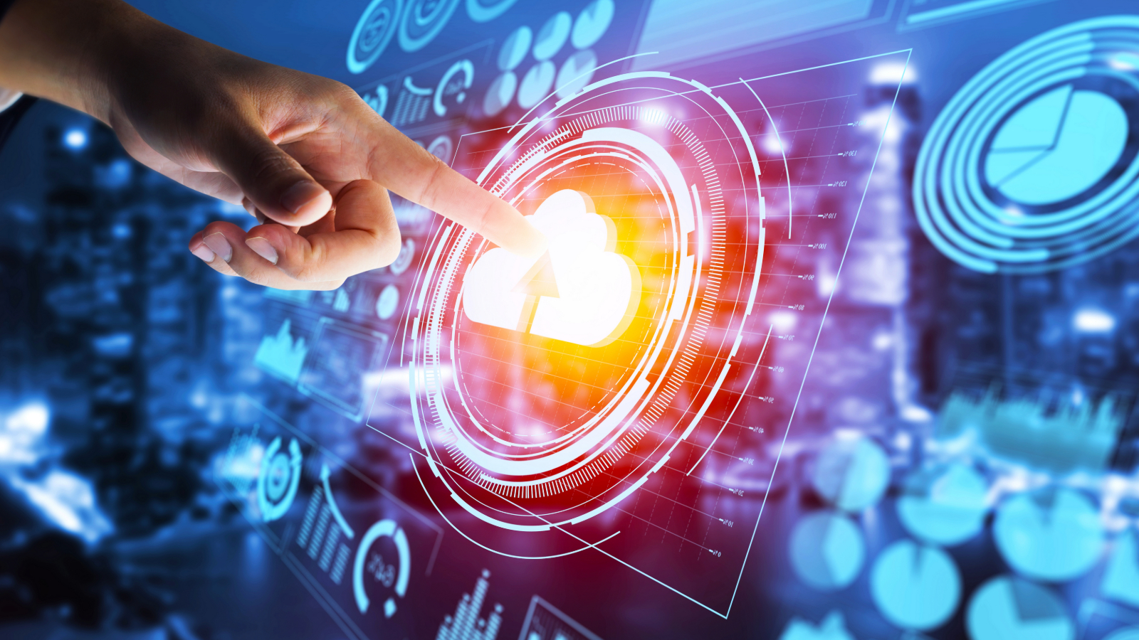 Hand touching a glowing cloud icon on a digital interface representing Microsoft 365 cloud computing, data transfer, and modern IT infrastructure.