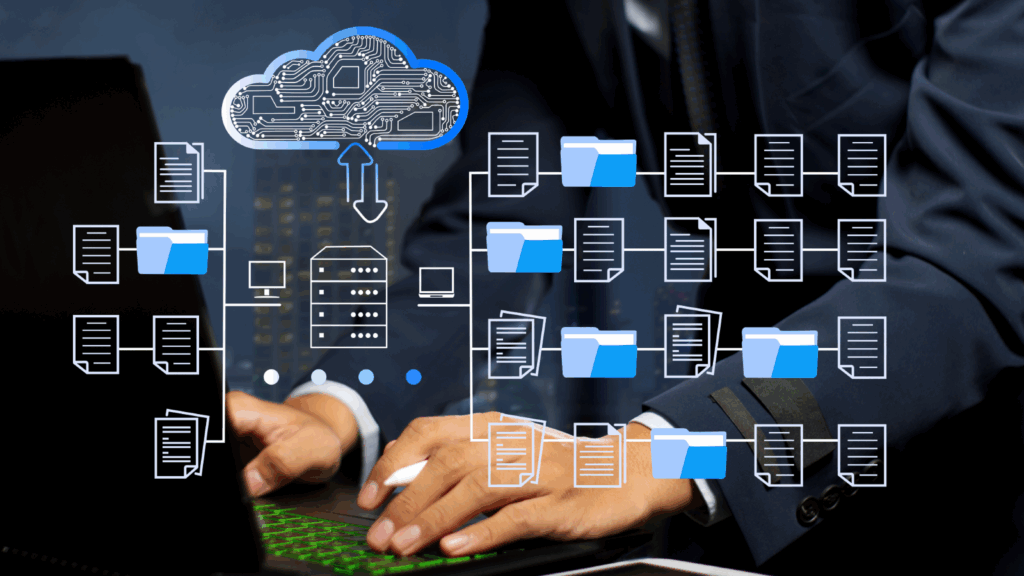 Business professional managing files on a laptop with cloud icons and digital folders, representing a Microsoft 365 Migration.