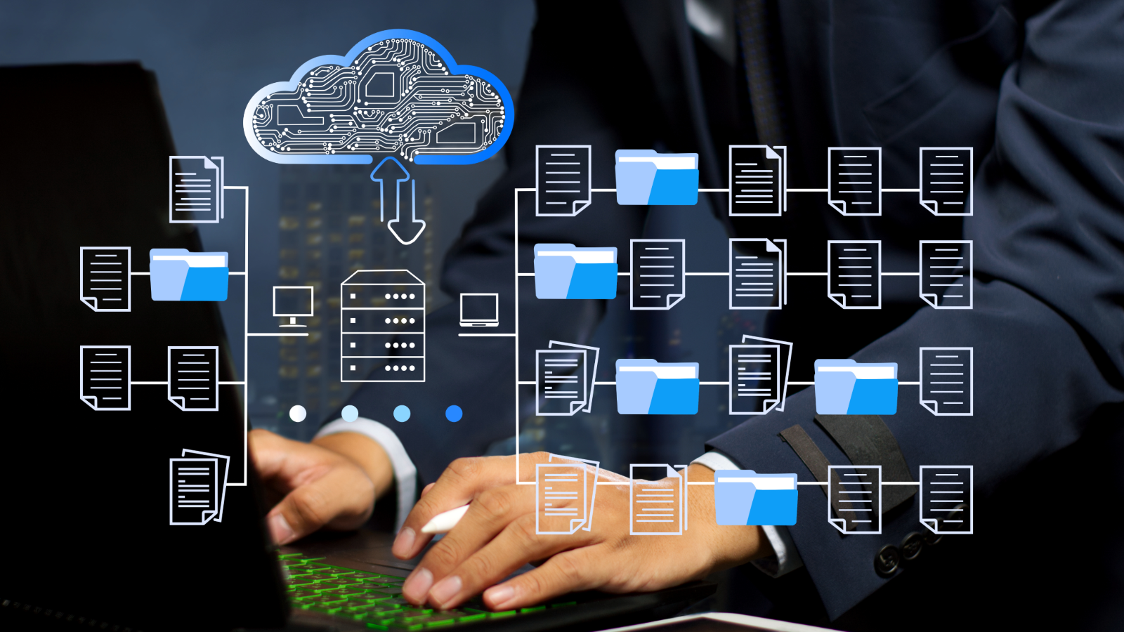 Business professional managing files on a laptop with cloud icons and digital folders, representing a Microsoft 365 Migration.