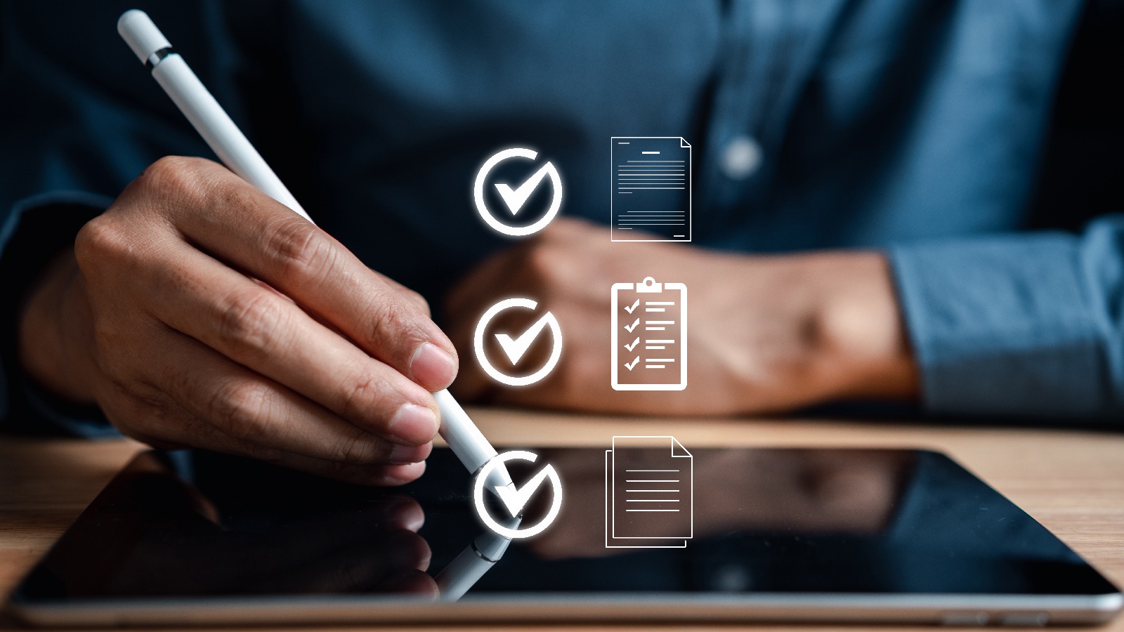 Person using a digital pen on a tablet with floating checklists and documents, symbolizing cybersecurity principles and best practices.