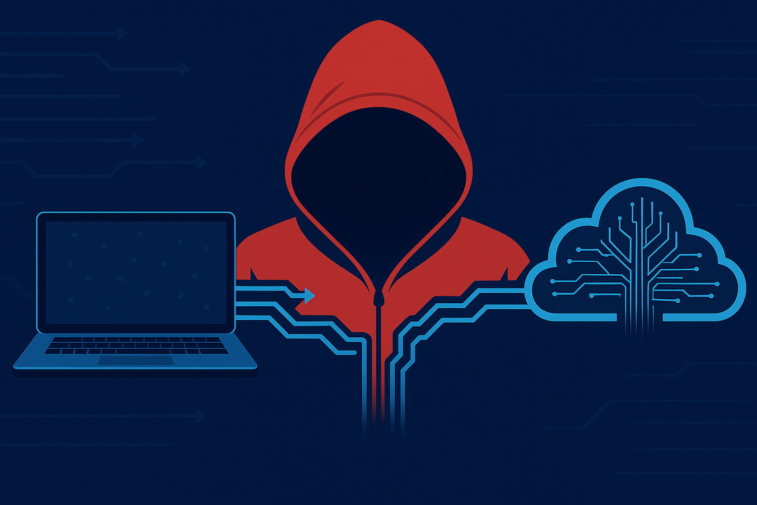 Illustration of a hooded figure between a laptop and a cloud, with digital lines flowing through them, symbolizing a man-in-the-middle (MITM) cyberattack intercepting data.