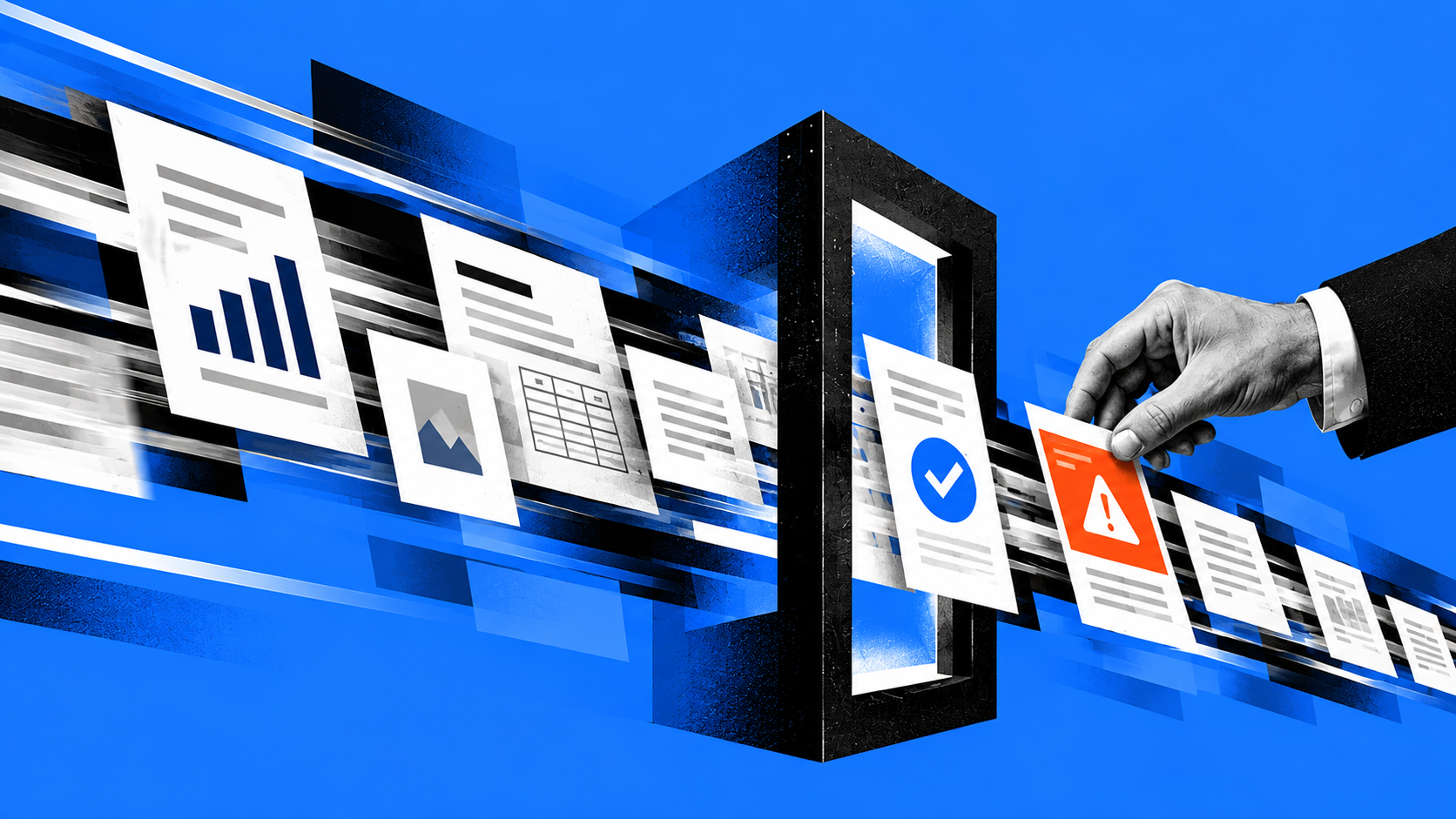 Documents and data cards move rapidly through a digital checkpoint as a hand pulls out a warning card.